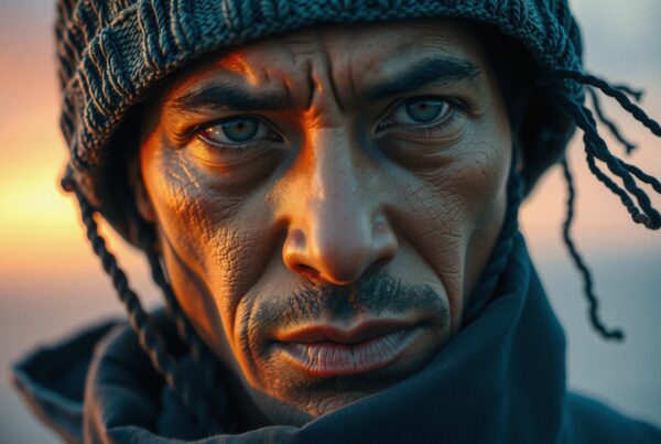 Close-up portrait of a man in a knitted hat, illuminated by warm twilight light, with intense gaze.