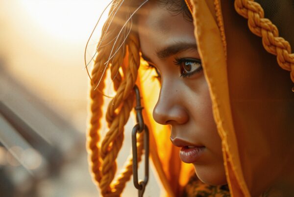 Close-up portrait of a person wearing a braided yellow headscarf, highlighted by warm light.