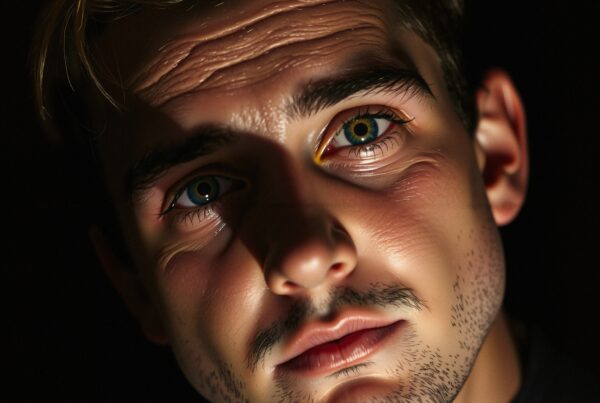 Close-up portrait of a man with deep, contemplative expression and dramatic lighting.