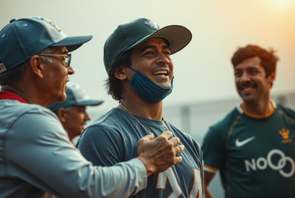 Three men laughing together in an outdoor setting, wearing sports attire and caps, conveying camaraderie and joy.