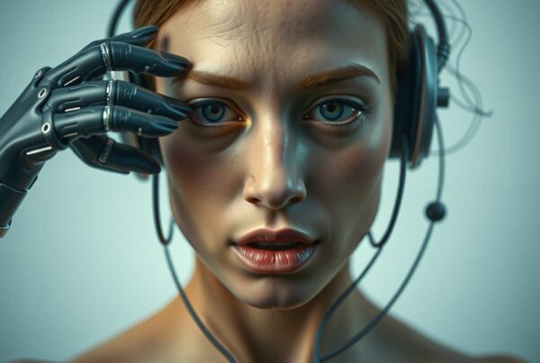 Detailed futuristic humanoid with robotic elements, emphasizing the blend of human and machine features.