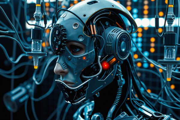 A highly detailed cybernetic human face with intricate wiring and glowing elements in a futuristic setting.