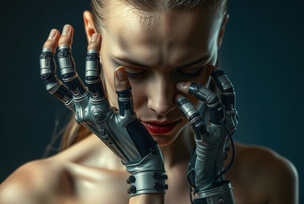 A woman with robotic hands contemplates, symbolizing human-tech integration in a futuristic setting.