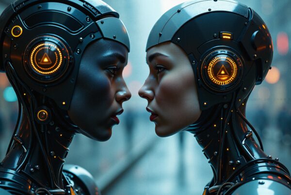 Futuristic humanoid robots facing each other with glowing circuit patterns in a modern city setting.