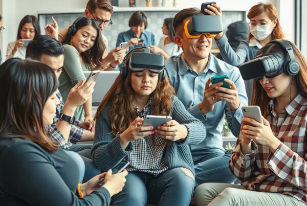Young adults using VR headsets and smartphones in a casual setting.