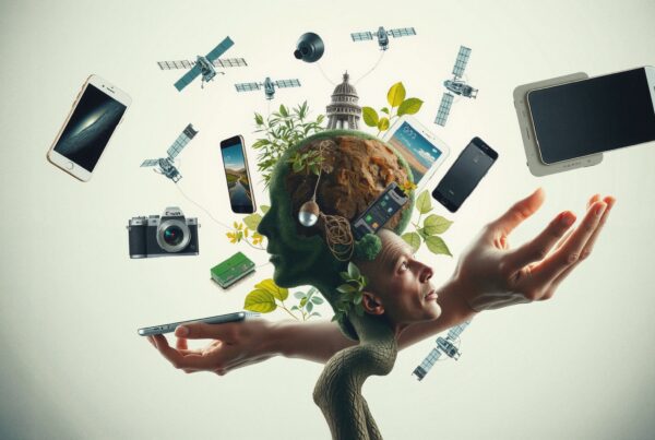 Surreal artwork merging nature with technology, depicting a tree-like human head surrounded by digital devices.