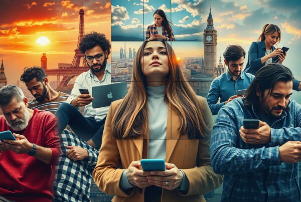 A diverse group of people engaged with smartphones against iconic landmarks like the Eiffel Tower and Big Ben, highlighting global connectivity.