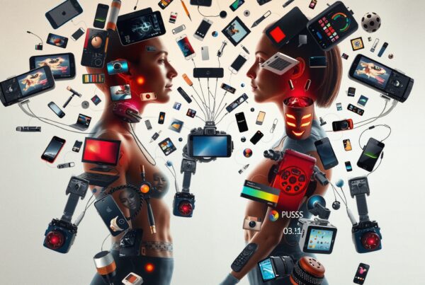 Two figures made of electronic devices facing each other, symbolizing modern digital interaction and connectivity.