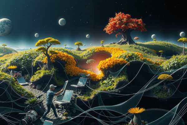 Surreal landscape with digital and natural elements, depicting harmony between technology and nature.