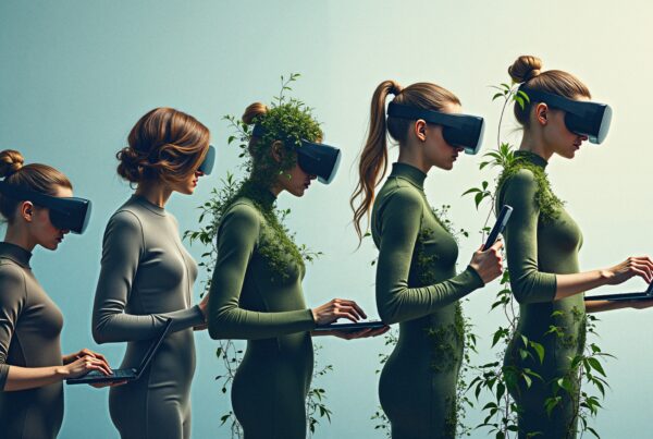 Five women in VR headsets hold devices with entwined plants, blending technology and nature.