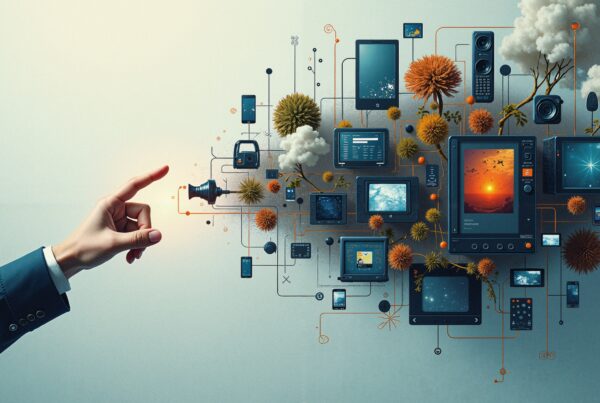 Futuristic digital network art intertwining technology and nature.