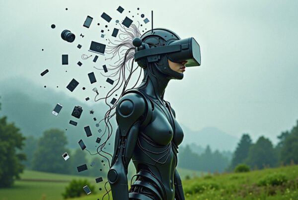 Futuristic humanoid robot in nature wearing virtual reality headset surrounded by tech devices.