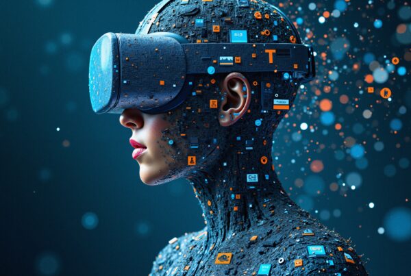 Futuristic humanoid in virtual reality, wearing a technological headset surrounded by digital patterns and icons.