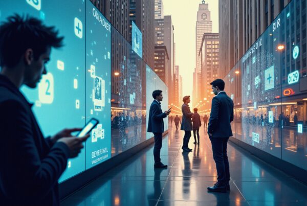 Futuristic city street with digital screens and people interacting.