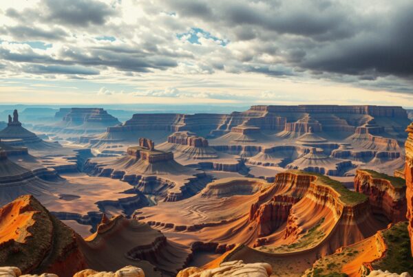 Stunning desert canyon with dramatic rock formations and a serene sunset.