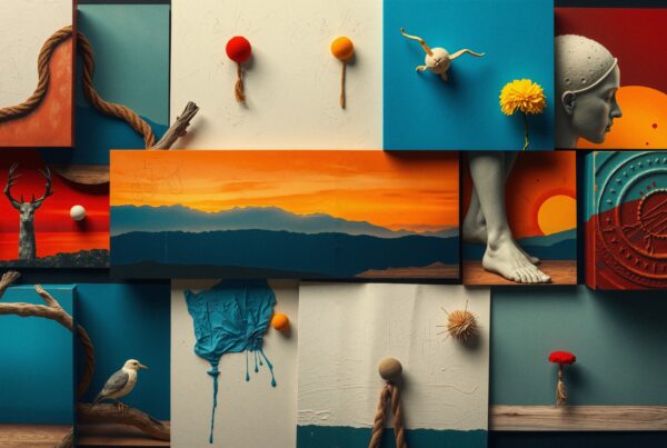 Surreal collage art featuring diverse elements including a sunset, deer, and abstract shapes.