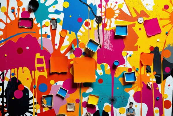 A vibrant, abstract collage with colorful splashes and shapes.