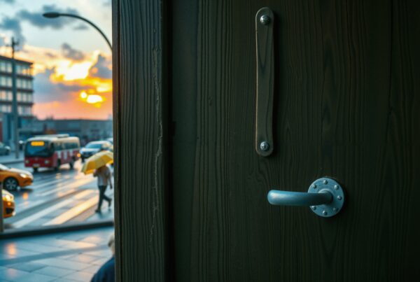 A city street at sunset viewed through an open door, highlighting a bustling urban scene with vehicles and a yellow umbrella.