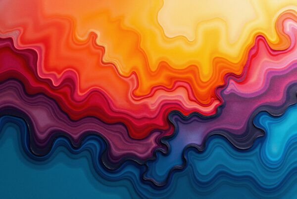 Vibrant abstract artwork featuring swirling colorful patterns transitioning from warm oranges and reds to cooler blues and purples.