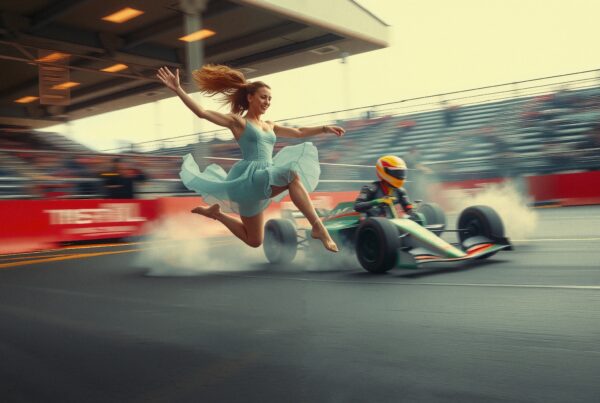 A ballet dancer leaps as a race car speeds by on the track.