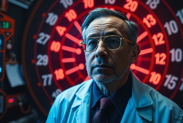 A man in a lab coat stands pensively in front of a brightly lit dartboard, surrounded by digital displays and numbers.