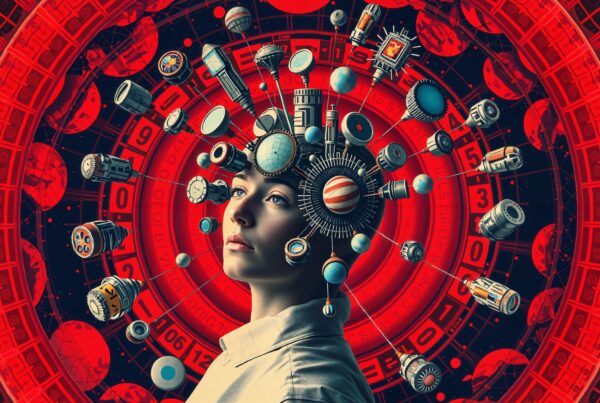 A woman's face surrounded by orbiting mechanical items against a red cosmic background.