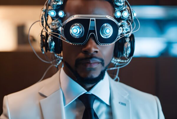 A sophisticated man in a white suit wears advanced glowing goggles, highlighting futuristic technology and innovation.