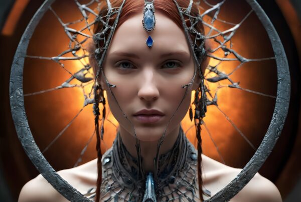 Image of a woman with intricate headgear and gemstone, surrounded by an orange halo.