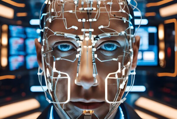 A close-up of a futuristic humanoid with intricate facial circuitry.