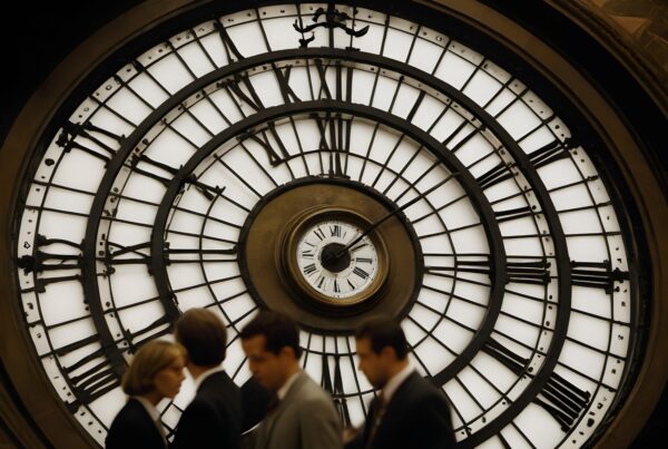 A large clock face with blurred individuals walking, symbolizing the intersection of time and city life.
