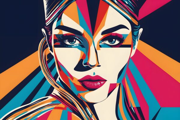 Pop art portrait of a woman featuring geometric shapes and bold, vibrant colors.