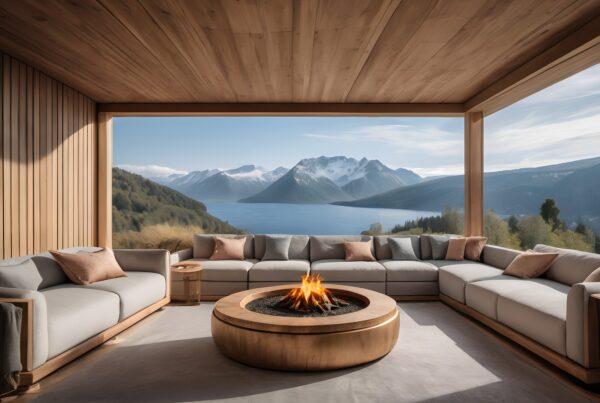 Luxurious patio with fire pit overlooking tranquil lake and mountains.