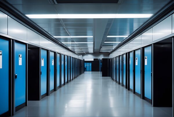 Modern data center corridor with blue server racks.
