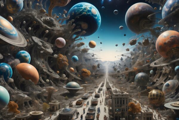 Surreal cityscape with cosmic elements and planets.