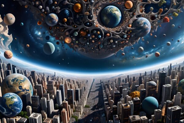 Surreal cityscape beneath a cosmic universe, merging urban life with futuristic celestial imagery.