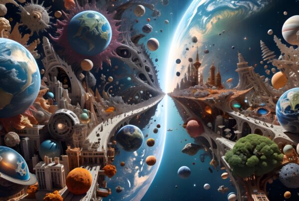 A surreal cosmic scene with planets, futuristic structures, and a celestial pathway divides the universe into imaginative worlds.