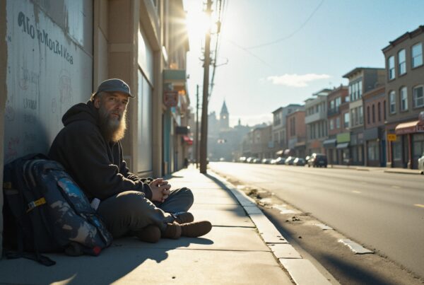 A bearded man sits on a city sidewalk with a backpack, bathed in warm sunlight near shops.