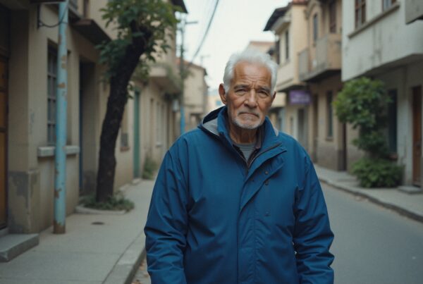 Elderly man in blue jacket standing on a quiet urban street with vintage buildings.