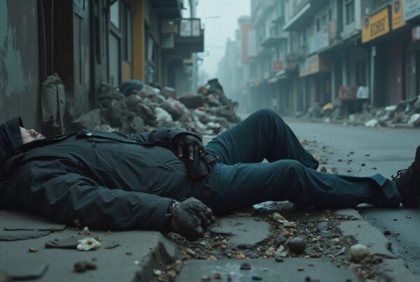 Image of a person lying on a trash-laden street in an urban setting, depicting city decay and solitude.