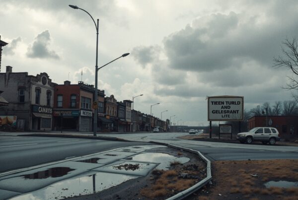 A desolate street with abandoned shops and overcast skies.