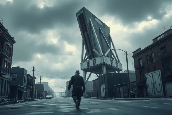 Lone person walks on empty city street surrounded by old buildings under overcast sky, depicting a dystopian urban landscape.