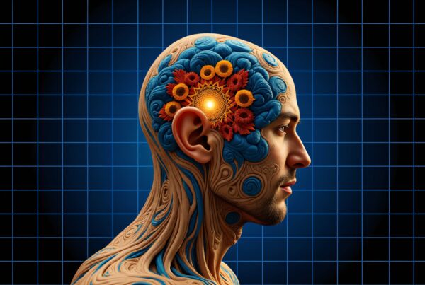 Profile of a man with artistic brain design with gears and flowers, symbolizing creativity and thought processes, against a blue grid background.