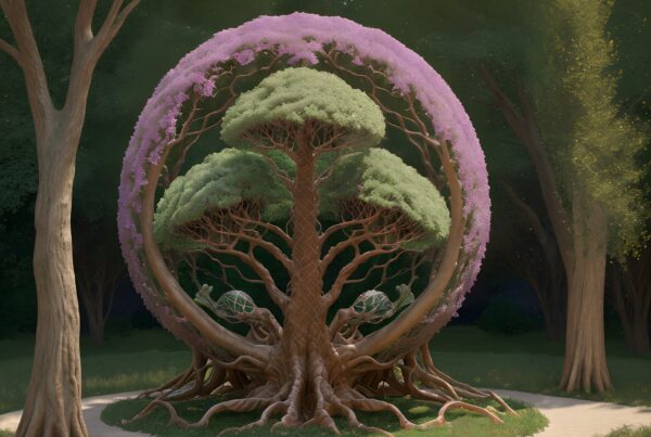 A magical tree with a braided trunk and purple flowers sits in a tranquil forest, surrounded by sunlight.