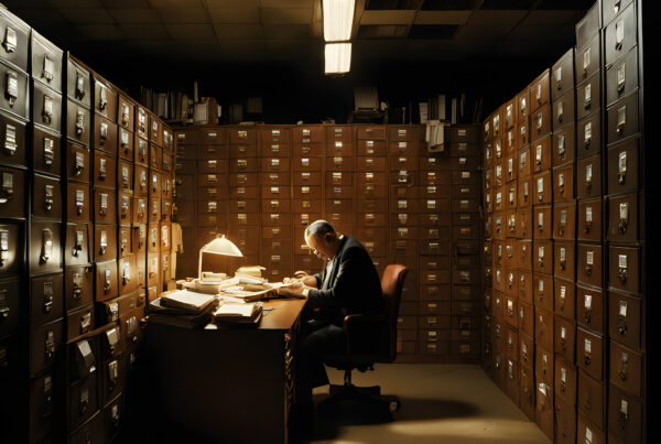 Elderly Archivist Reading Documents in Vintage Filing Cabinet Room