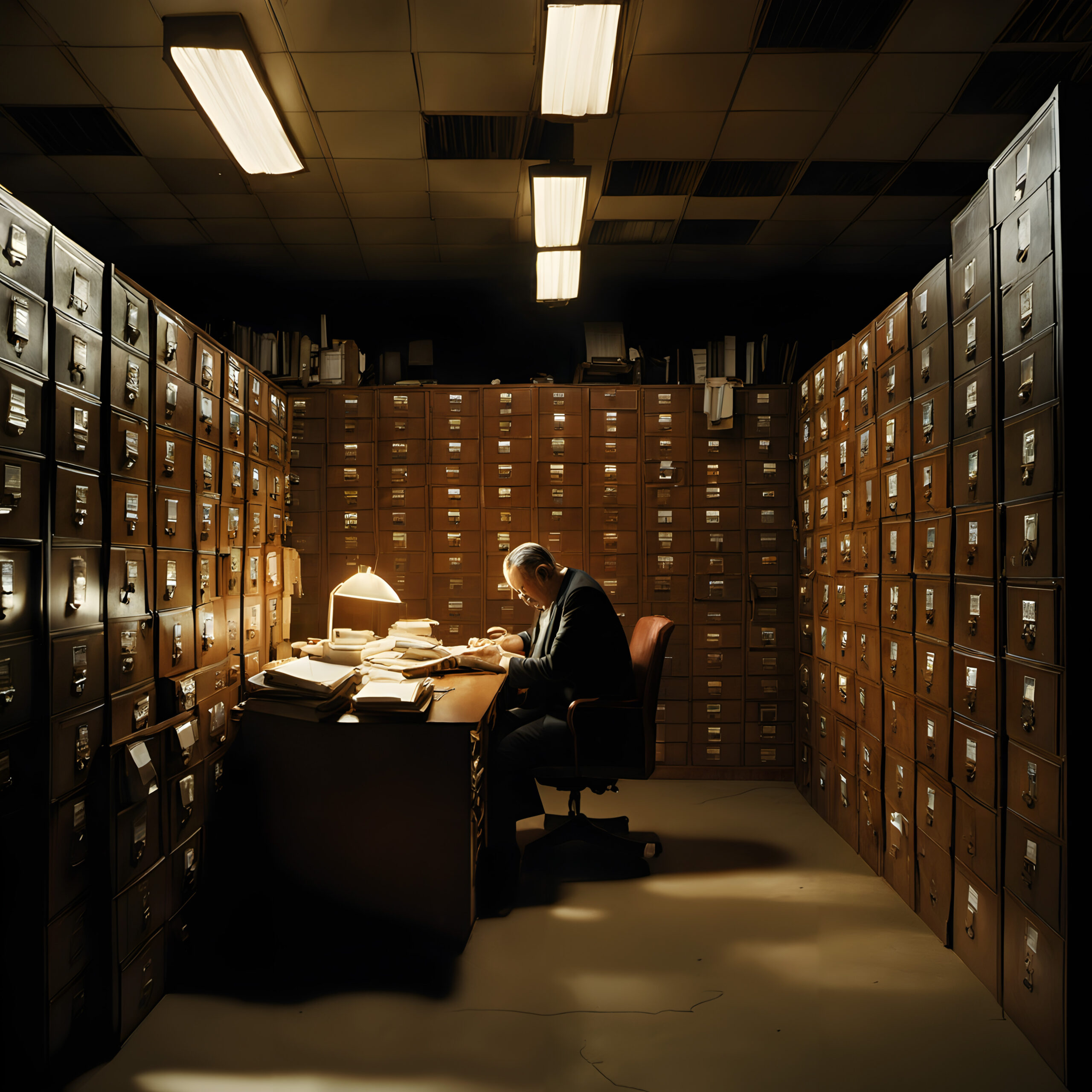 Elderly Archivist Reading Documents in Filing Cabinet Room