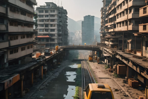 Dense Urban Landscape with Rail and Water Canal