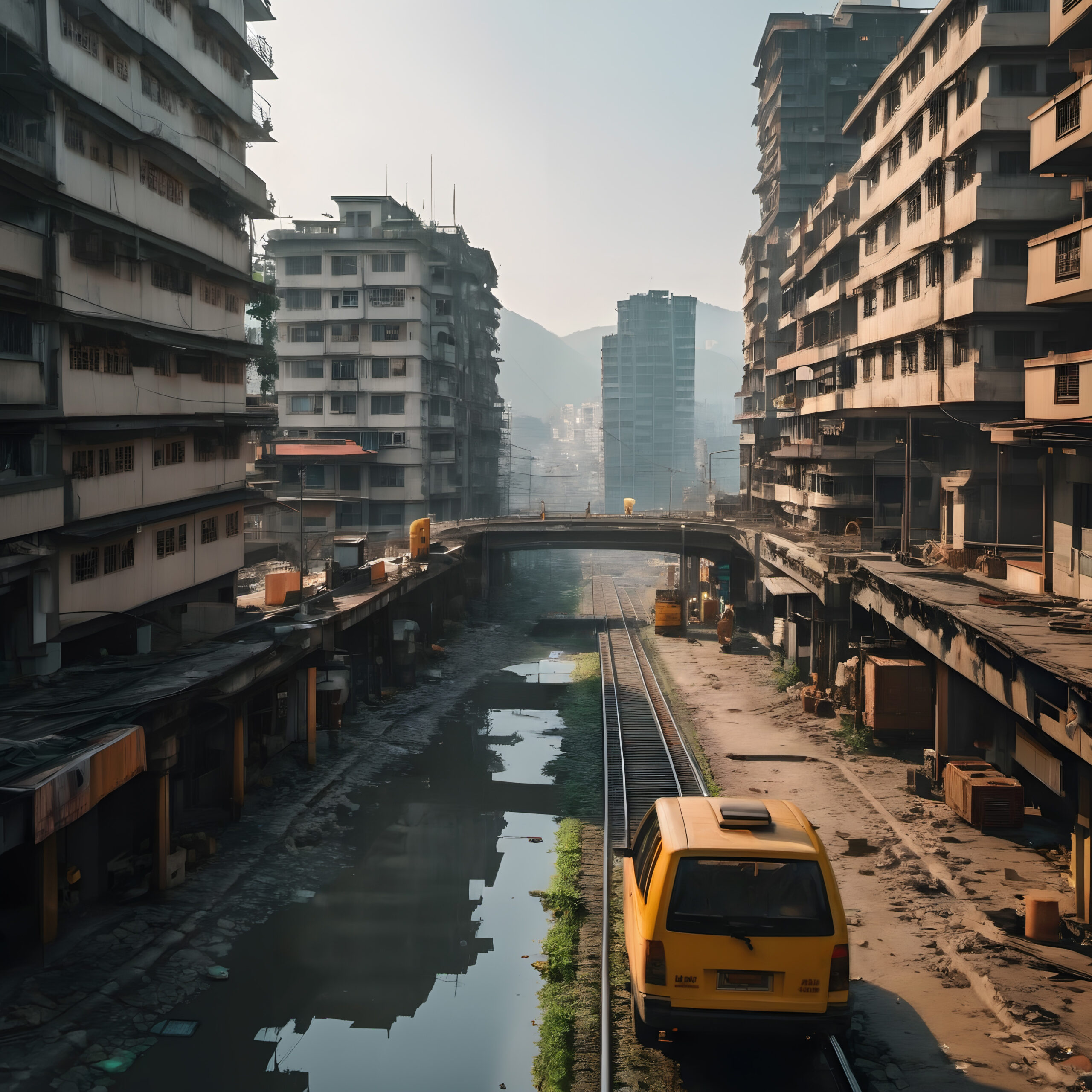 Dense Urban Landscape with Rail and Water Canal