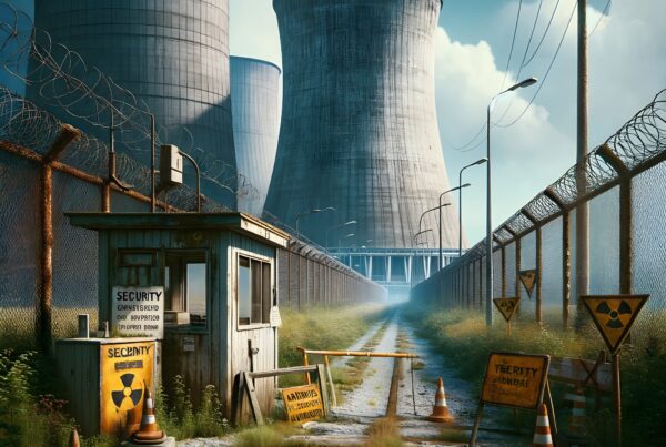 Abandoned industrial site with cooling towers, security booth, and warning signs in overgrown landscape.