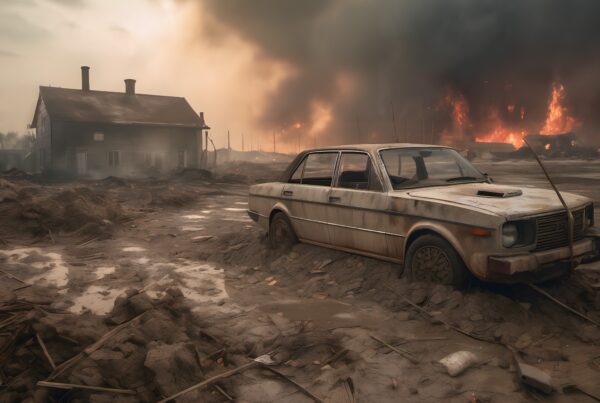 An abandoned car in a desolate landscape with flames in the background, creating a post-apocalyptic scene.