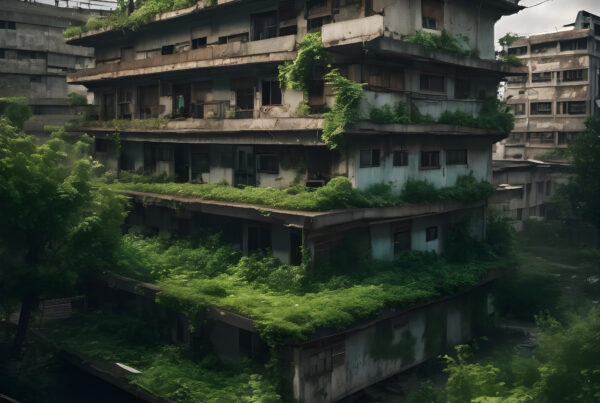 Abandoned Urban Building Overgrown with Lush Greenery